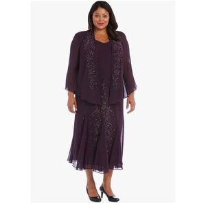 R&M Richards Plum Purple Beaded 2-Piece Dress‎ Set Jacket Plus Size 30W Formal